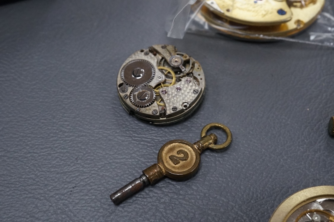 A gold plated Waltham hunter keyless pocket watch, with Roman dal and subsidiary seconds, case diameter 50mm, together with a group of wrist pocket and fob watch movements, etc.